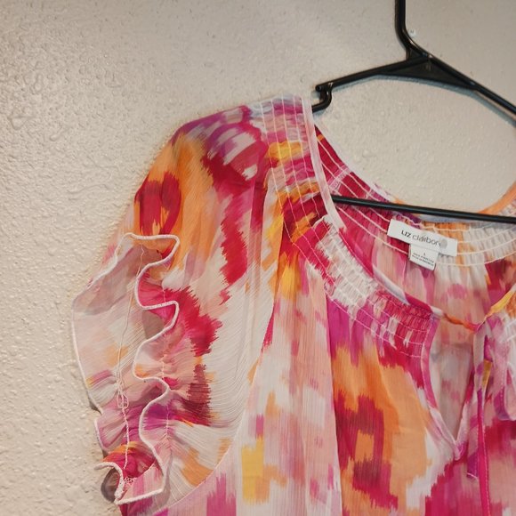 Liz Claiborne soft Bright neon pink Watercolor Peasant top blouse size Large LG - Picture 2 of 5